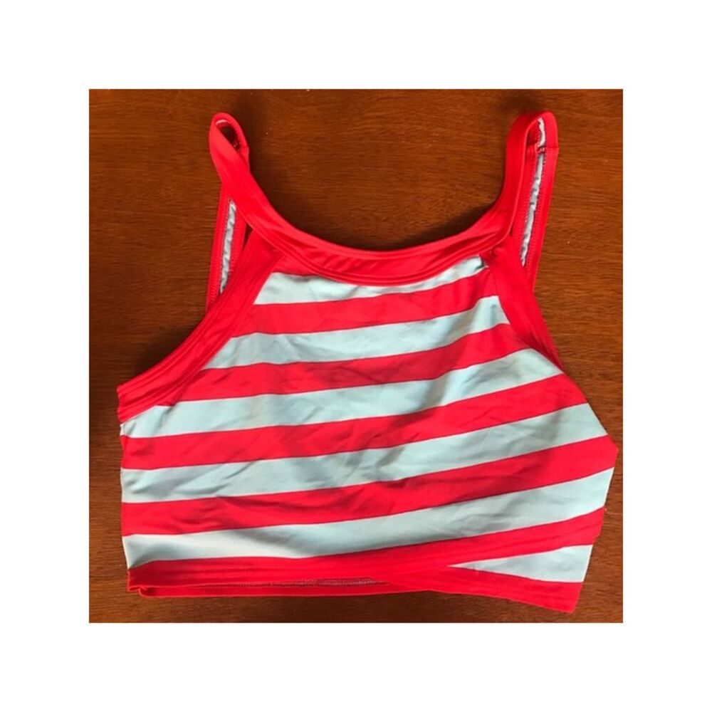 DKNY Women's Red Striped Nylon High Neck Swimwear Top XS